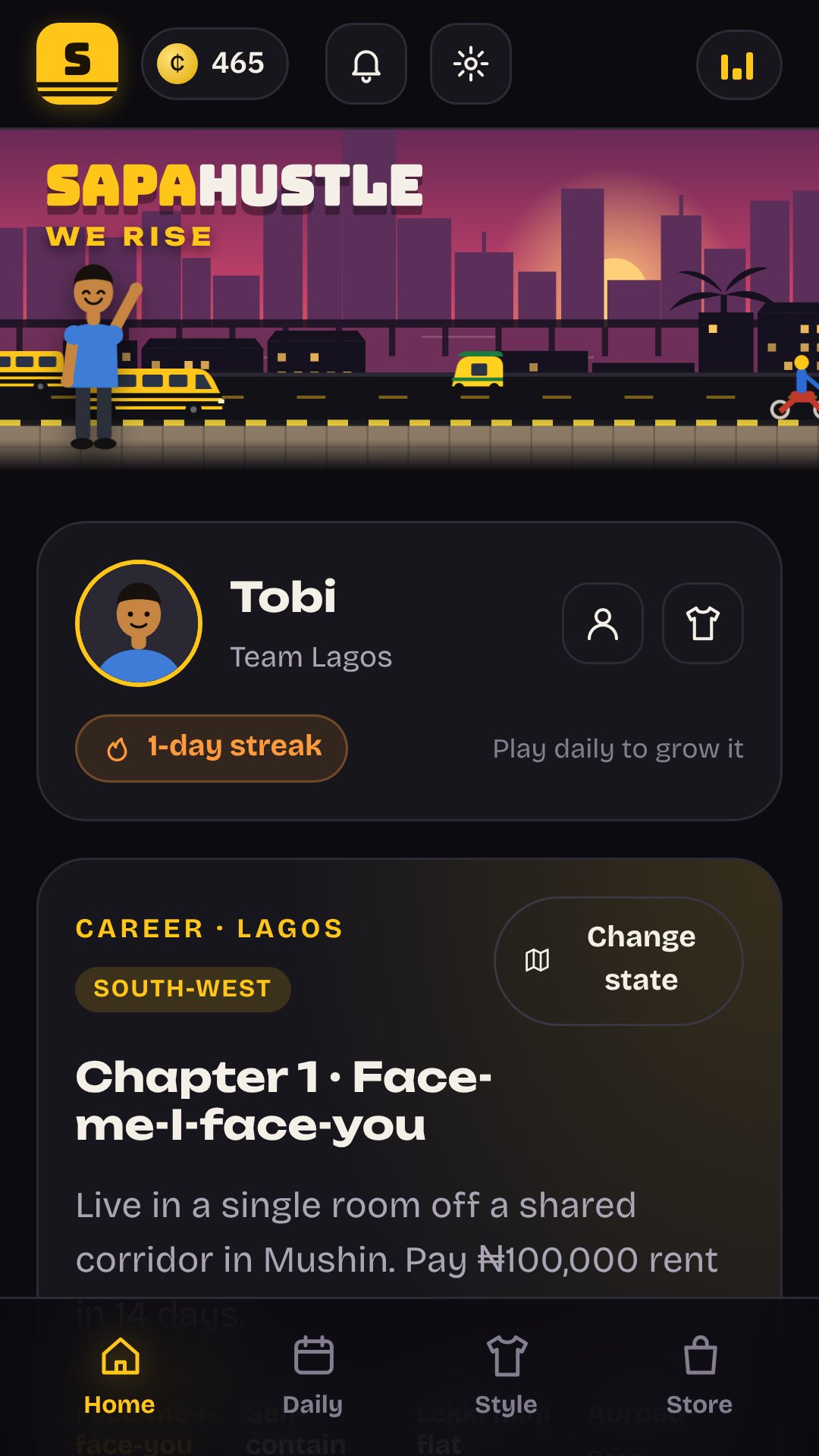 Sapa Hustle screenshot: Pick your state and start your hustle