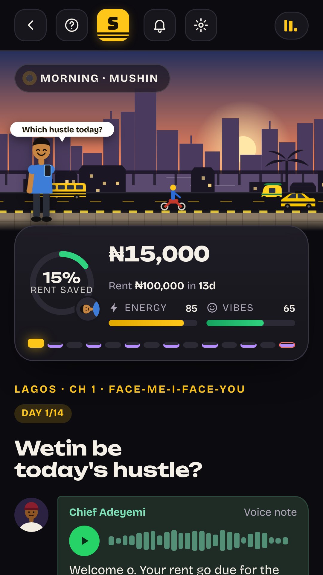 Sapa Hustle screenshot: Choose today's hustle, with a voice note from the landlord
