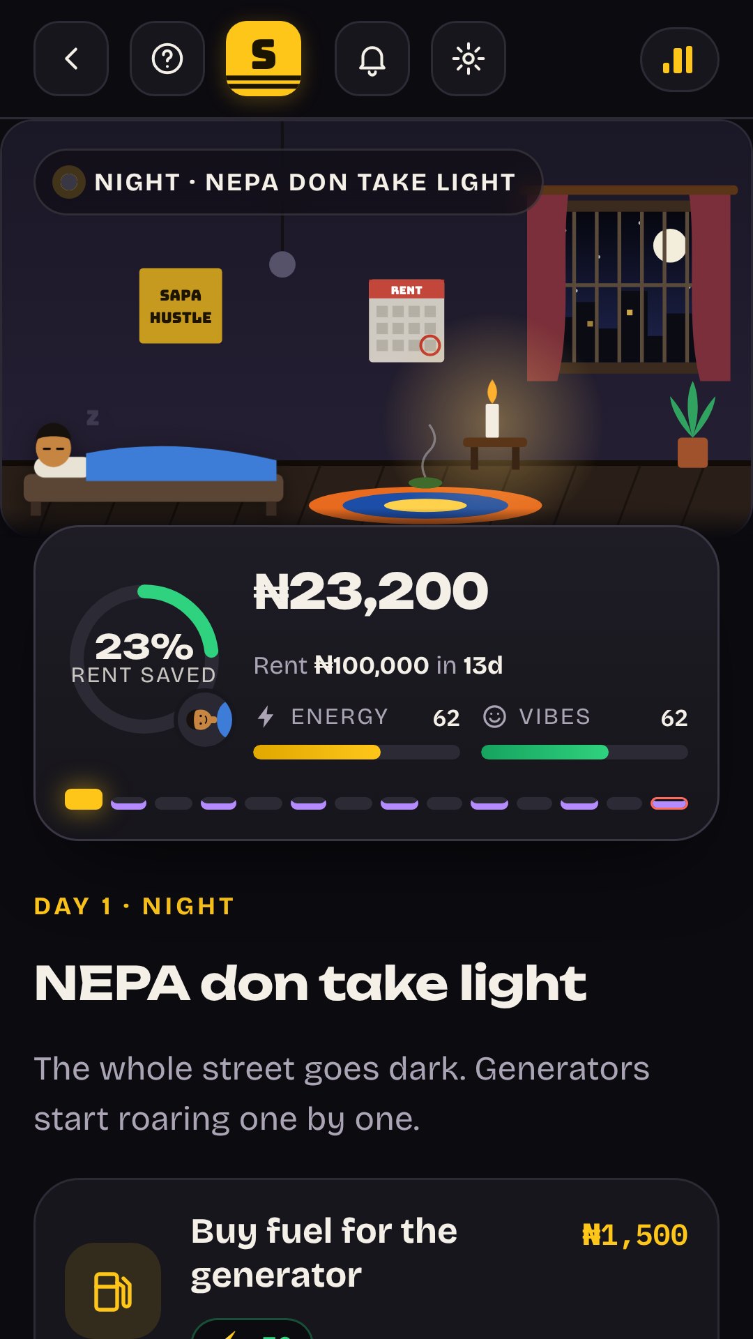 Sapa Hustle screenshot: When NEPA takes light, you sleep by candlelight